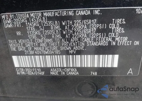 2011 Toyota Rav4 from USA, damaged, VIN 2T3BF4DV7BW094185